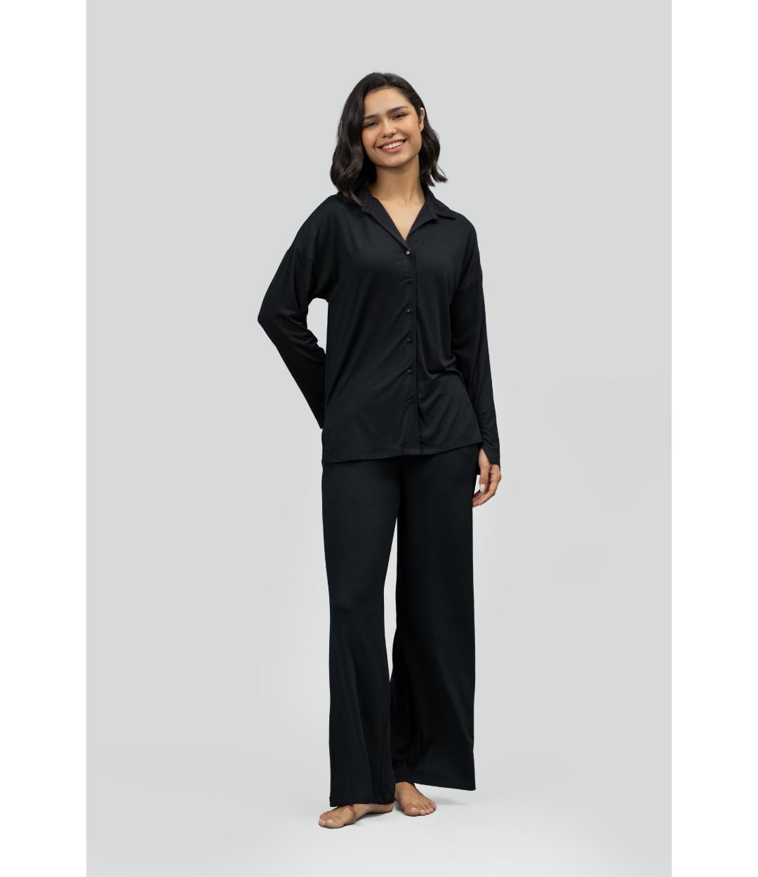 Black Modal Button Down Pajama Set