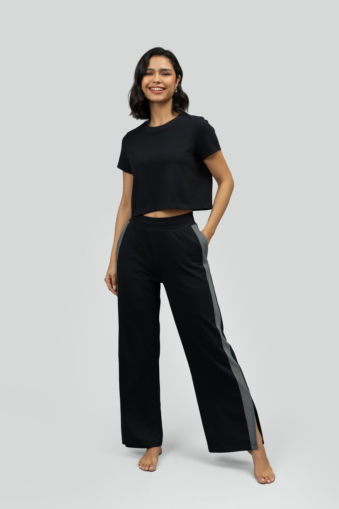 Black Soft Cotton Side Slit Flare Lounge Set