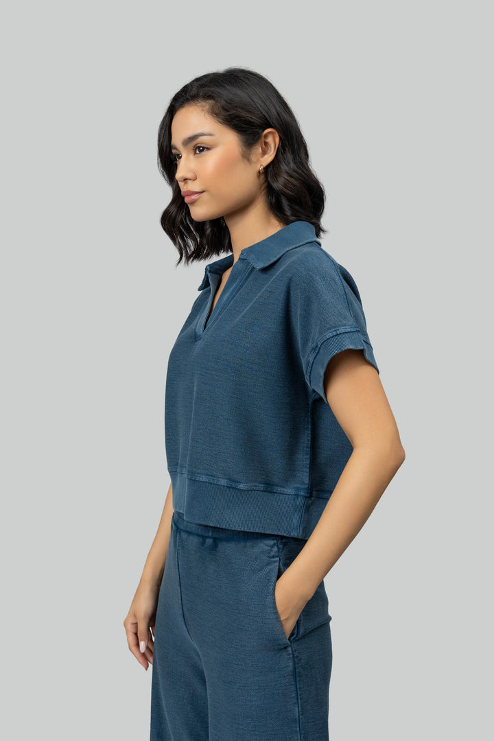 Blue Textured Terry Polo Tee