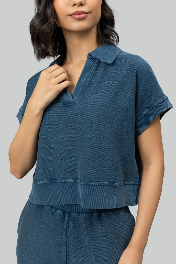 Blue Textured Terry Polo Tee