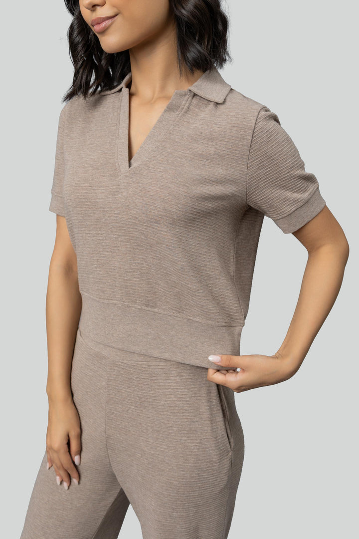 Beige Ottoman Rib Polo Top