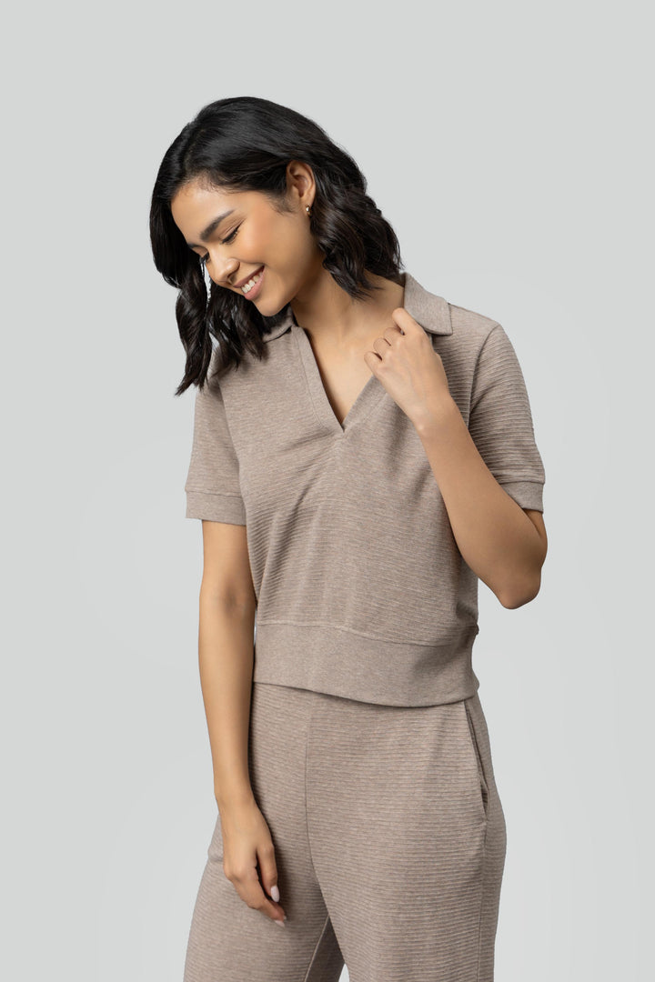 Beige Ottoman Rib Polo Top