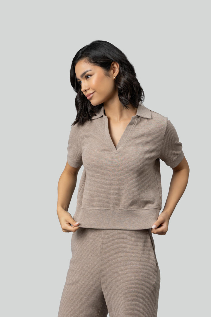 Beige Ottoman Rib Polo Top