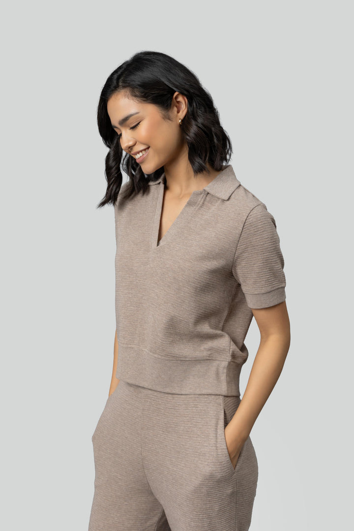 Beige Ottoman Rib Polo Top