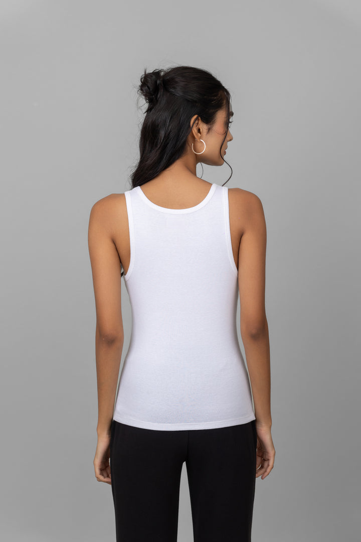 Back view of a stylish white rib tank top.