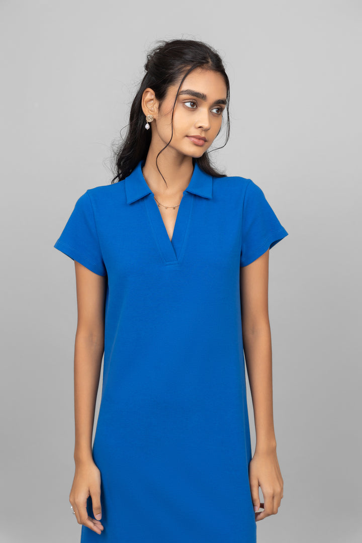 Blue mini waffle short polo dress, stylish and comfortable summer fashion.