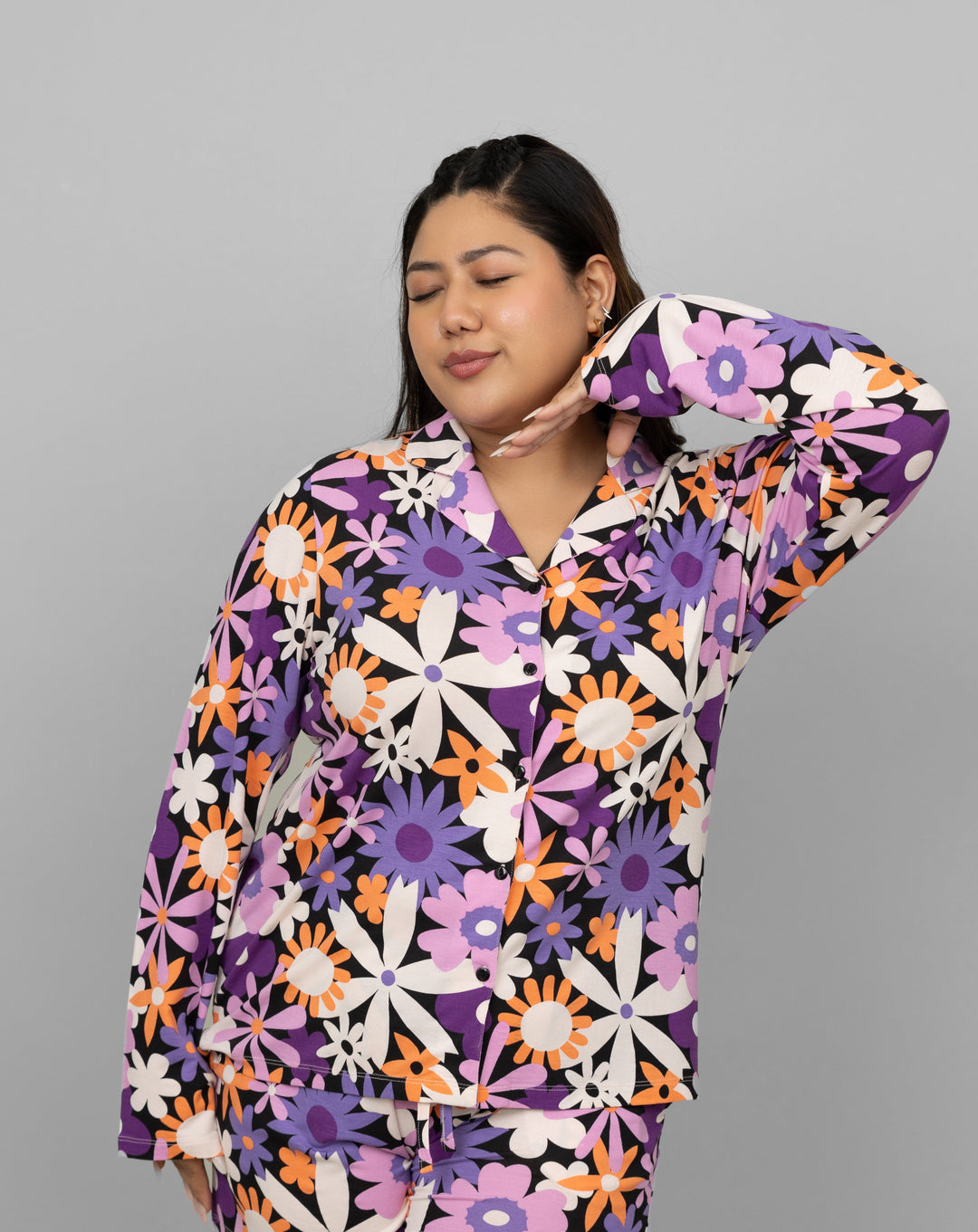 Floral full sleeves pajama set, vibrant colors and comfortable fit.