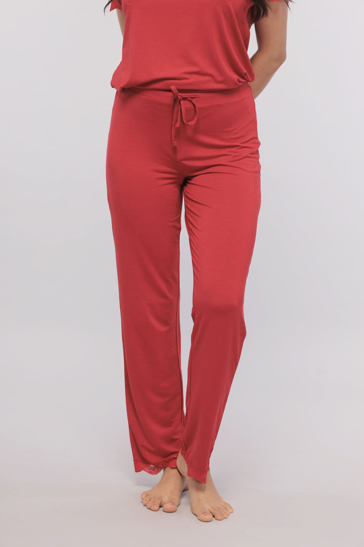 Romantic red lace pajama set for a cozy night in.