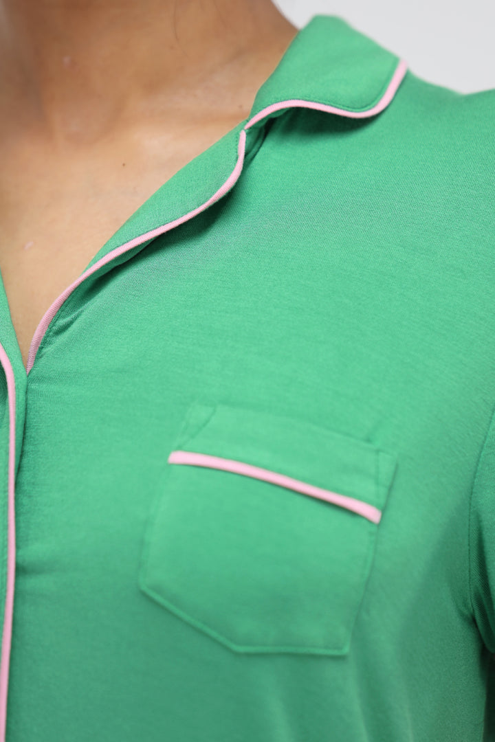 Green Bee half sleeve modal pajama set in vibrant green with pink piping.