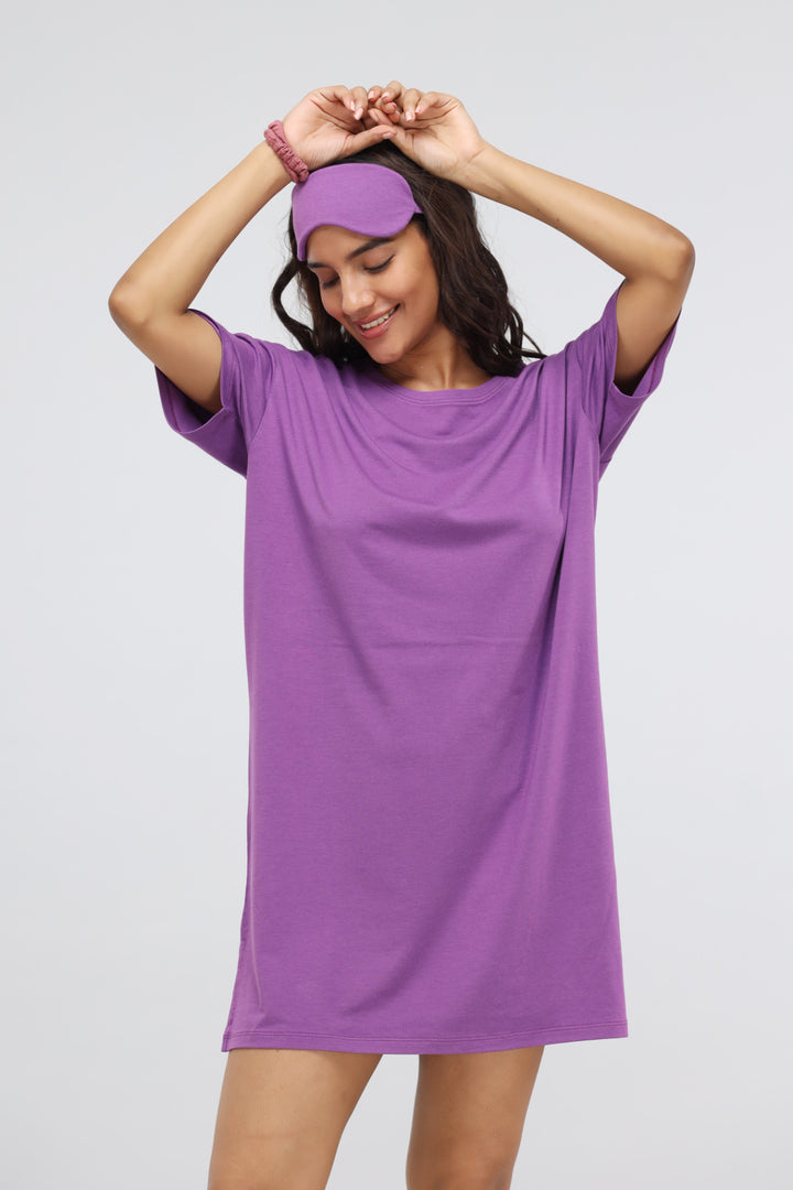 Meadow Violet Supima® T-Shirt Dress in vibrant purple, model with headband.