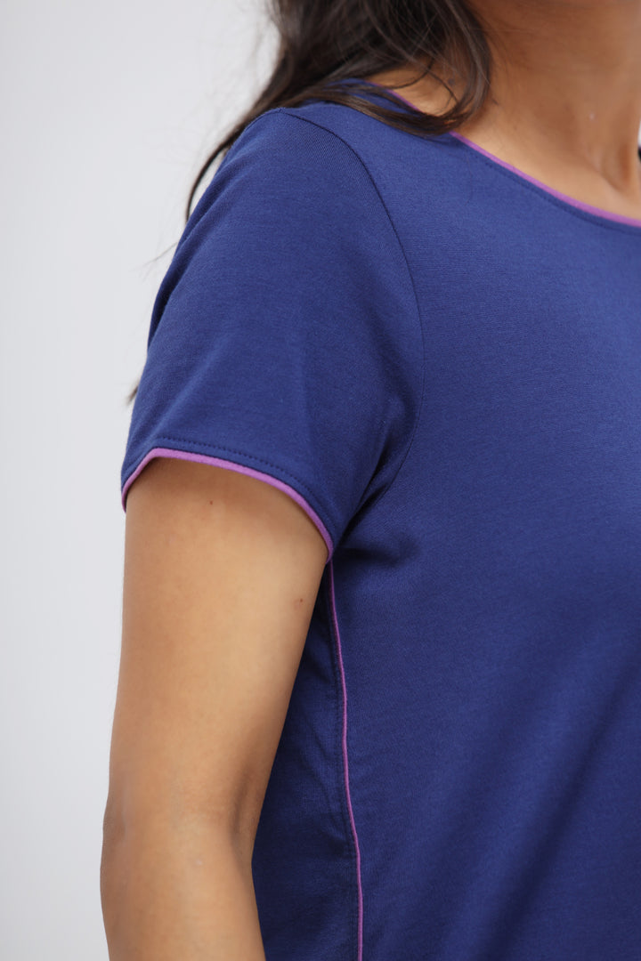 Functional blue Supima® piping lounge top detail, comfortable and stylish.