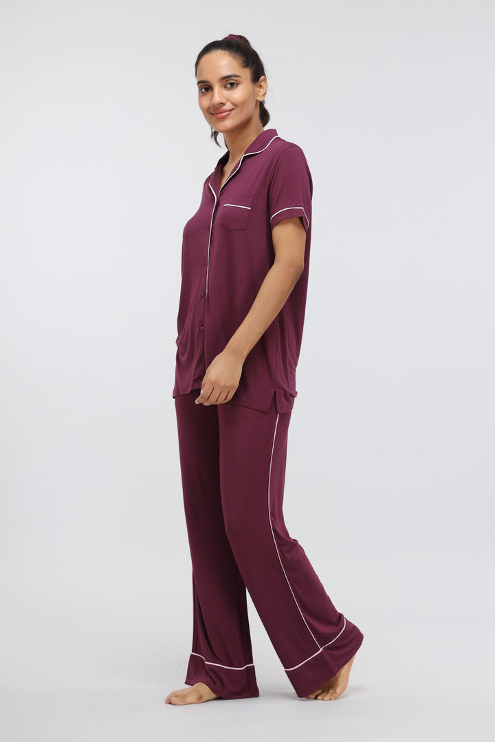 Wine Button Down Piping Modal Pajama Set