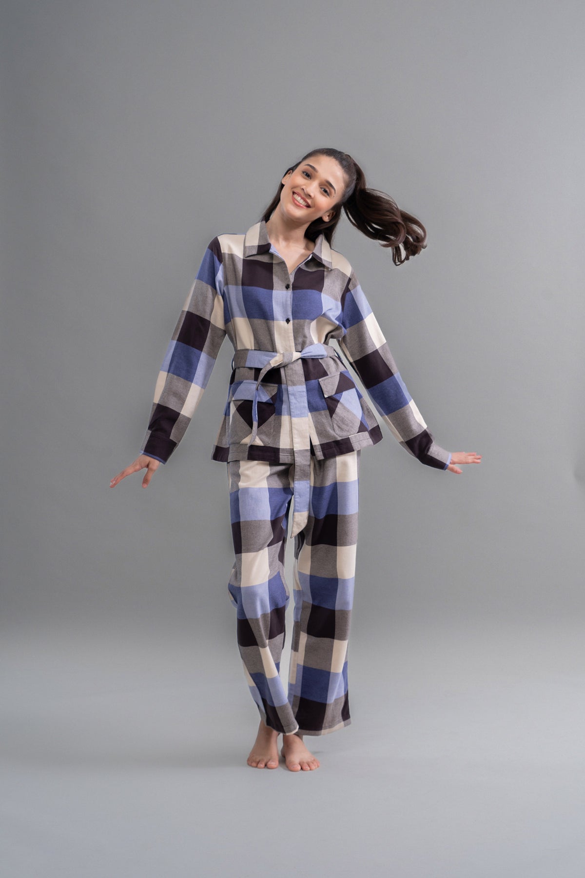 Grey cotton plaid pajama set for cozy, stylish sleepwear.