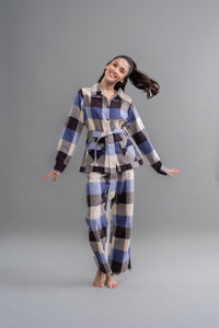 Grey cotton plaid pajama set for cozy, stylish sleepwear.