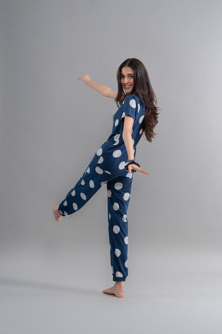 Sleepy Navy Polka Supima Pajama Set model showcasing stylish design.
