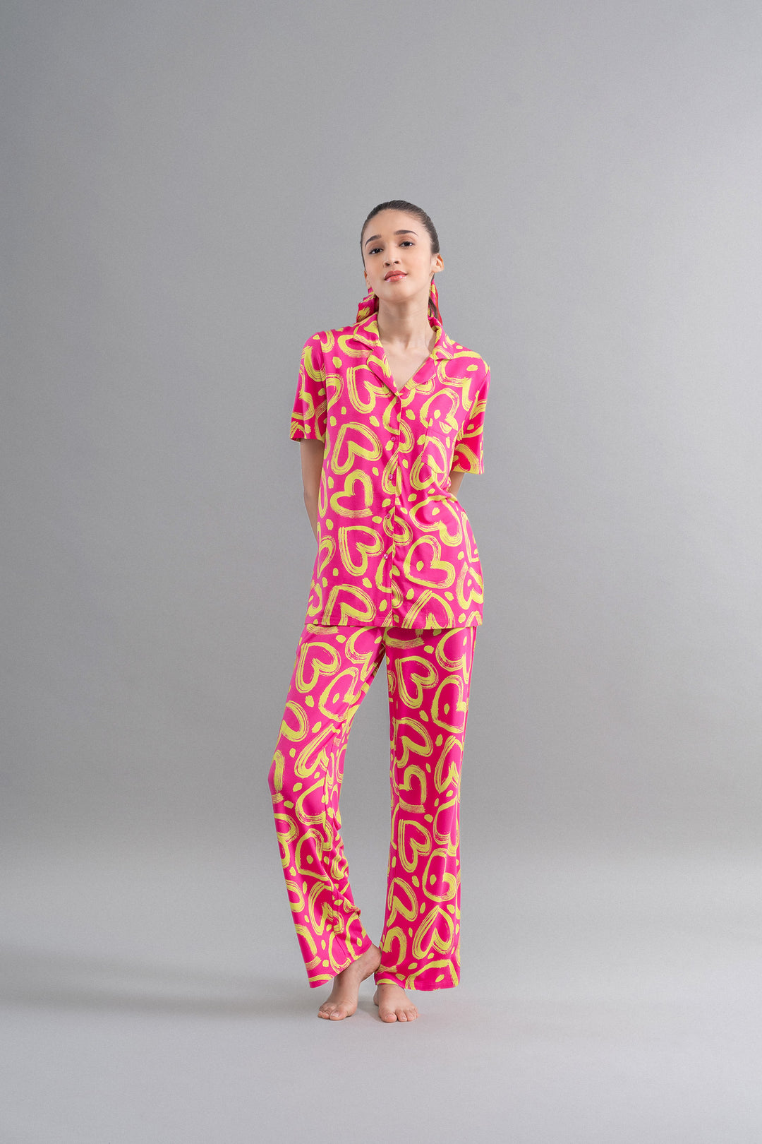 Hawai Button Down Printed Half Sleeve Pajama Set in vibrant pink and yellow.