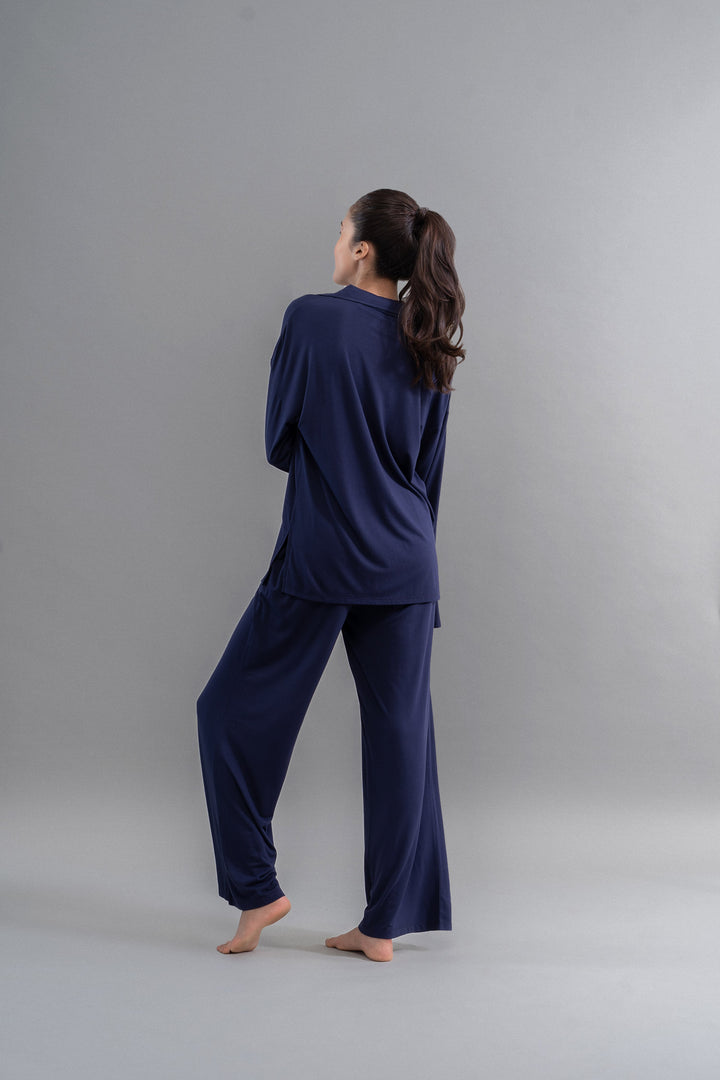 Deep navy Supima flared pajamas for stylish nighttime comfort.