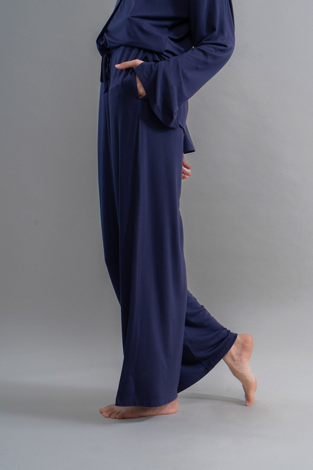 Deep Navy Supima Flared Pajamas with elegant flared design and pockets.