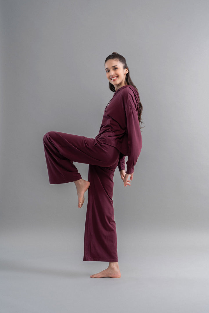 Limited Edition Luxflo® Travel Ruby Flared Pajamas model showcasing stylish comfort.