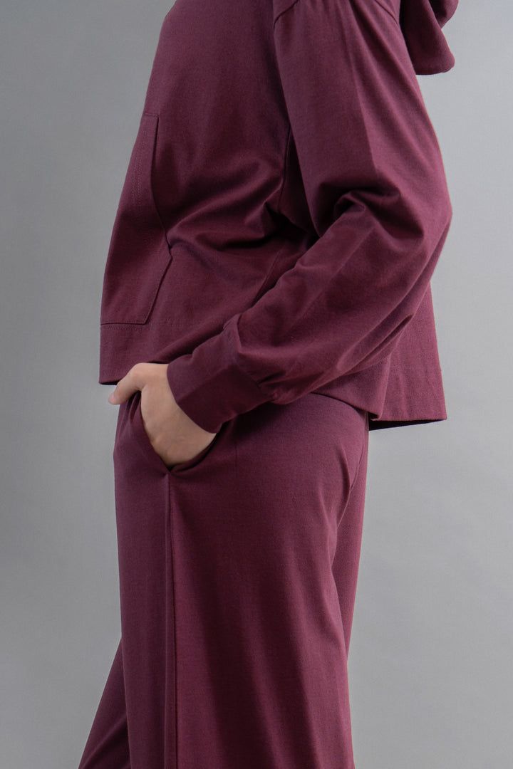 Limited Edition Luxflo® Travel Ruby Flared Pajamas in stylish maroon color.