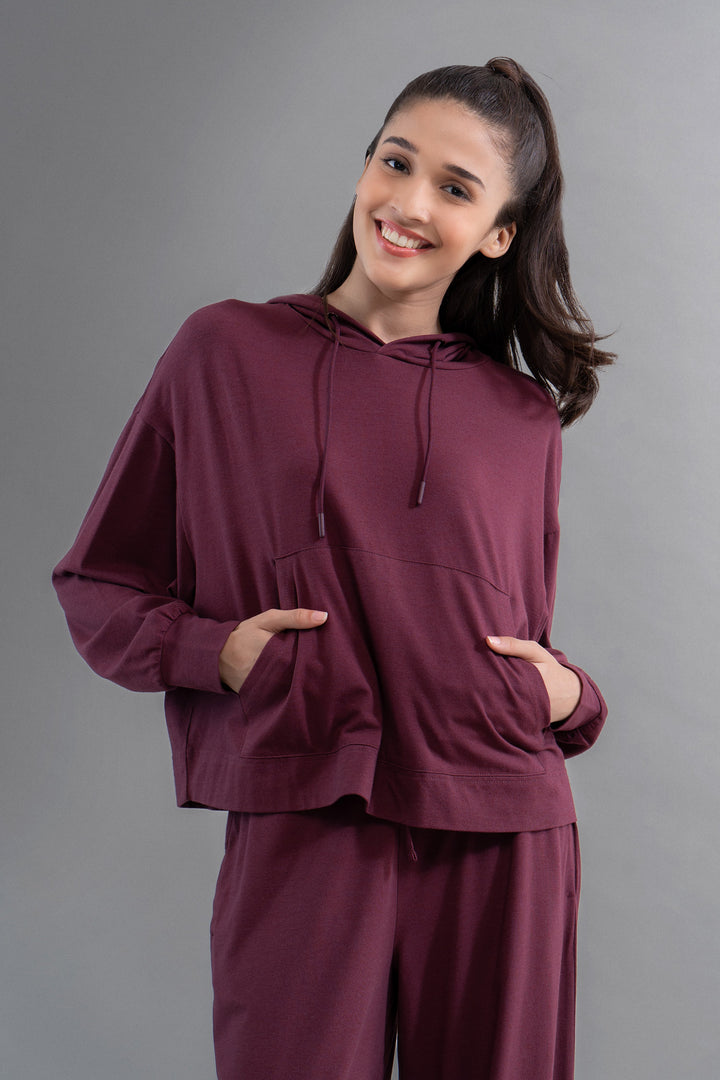 Limited Edition Luxflo® Travel Ruby Hoodie on model. Stylish and comfortable.