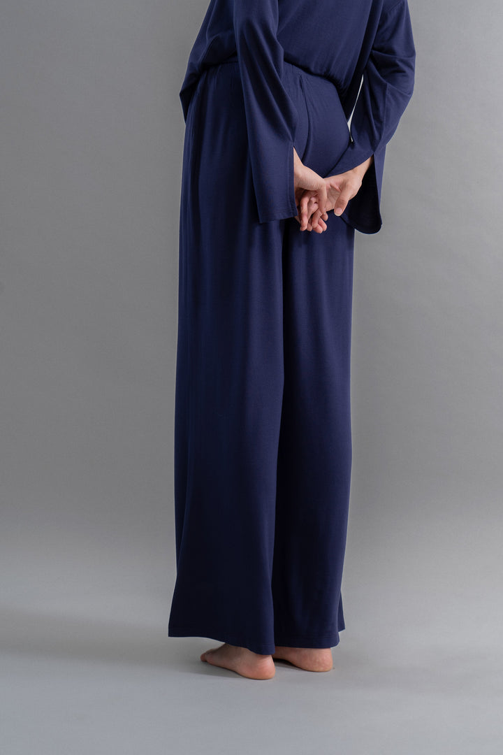 Deep navy Supima flared pajamas, offering comfort and style for lounging.