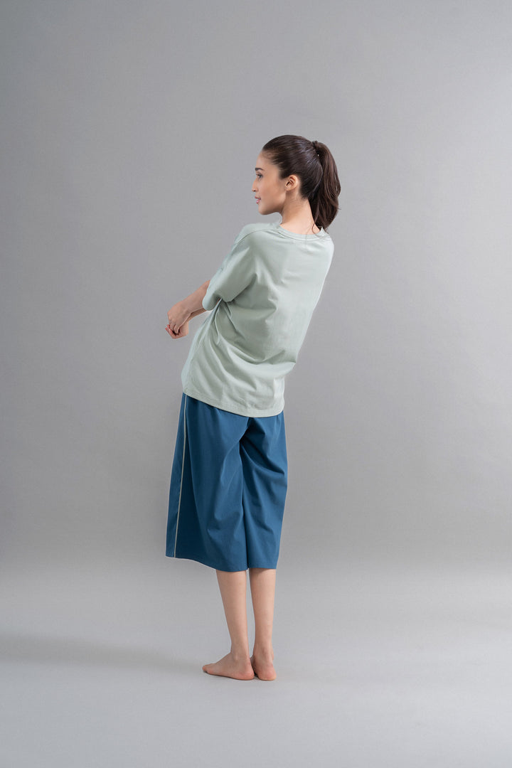 Sage Teal Cotton Culotte Set displayed on a model from behind.