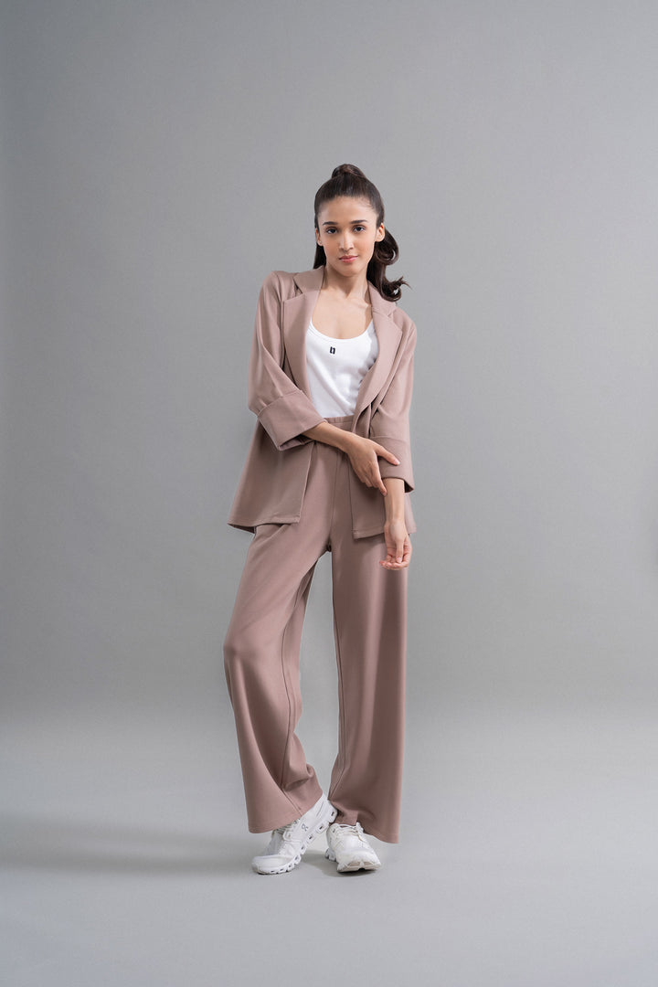 Snugknit® Mocha Blazer styled with casual white tank and sneakers.