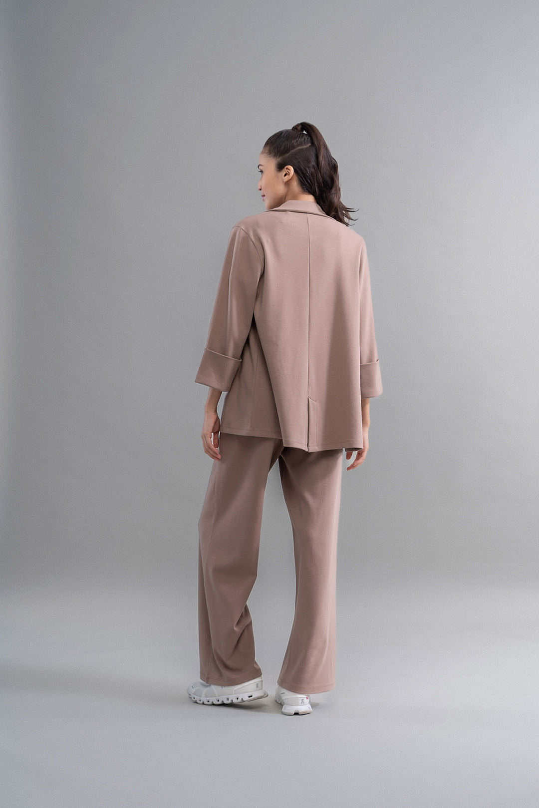 Back view of Snugknit® Mocha Blazer Set outfit for women.