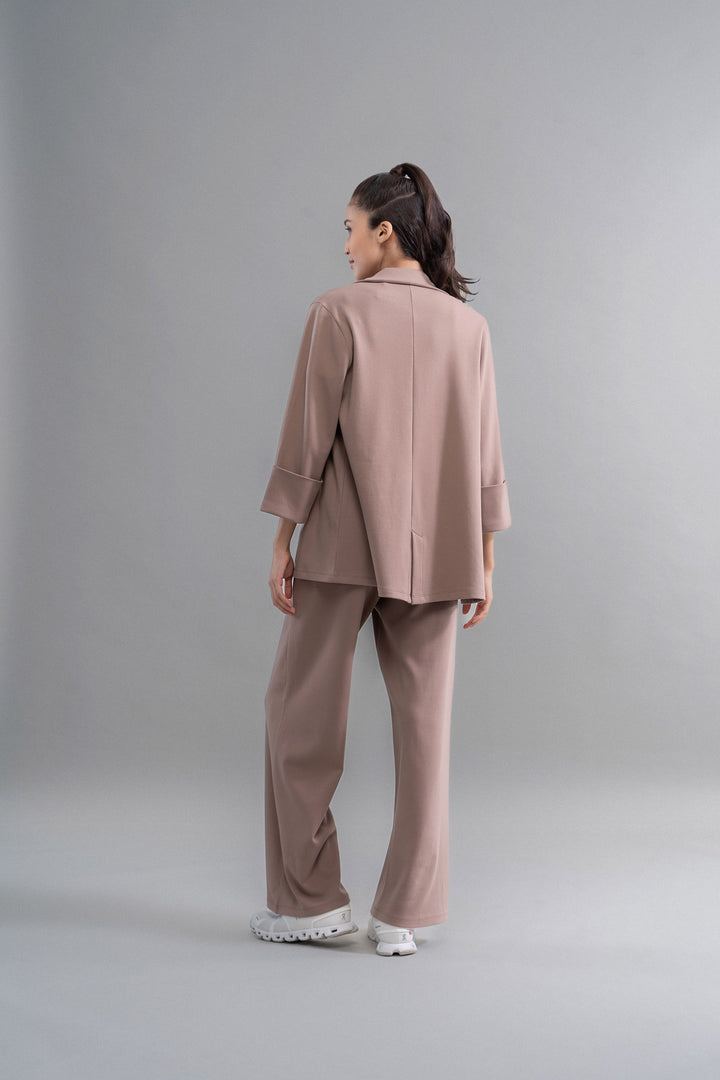 Back view of Snugknit® Mocha Blazer Set outfit for women.