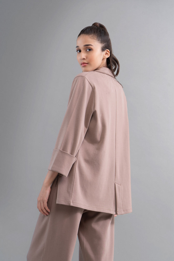 Model wearing Snugknit® Mocha Blazer, stylish and modern design.