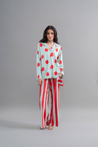 Aqua red pajama set featuring stripes and polka dots.