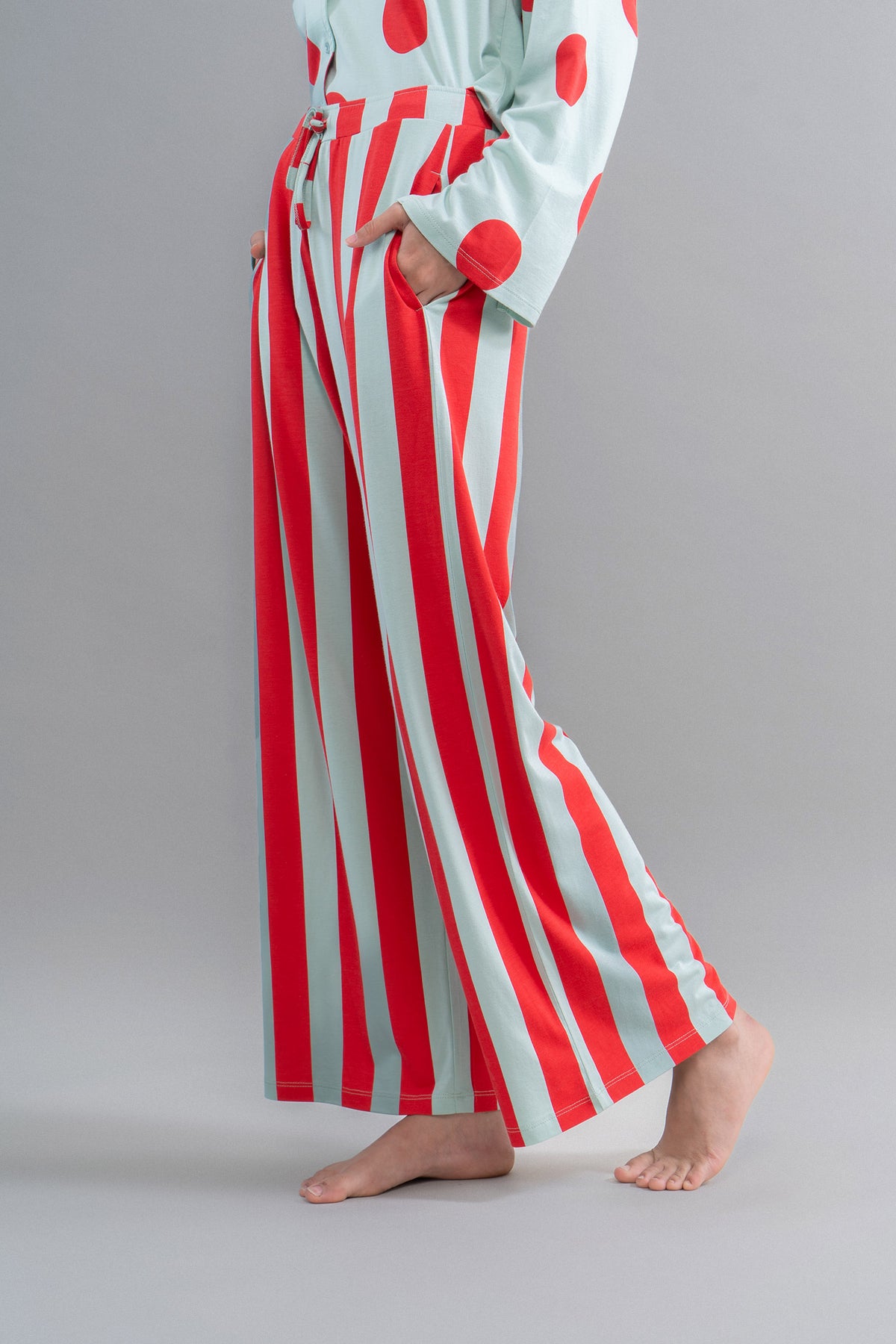Aqua red stripe Supima flared pajamas with pockets for comfort.
