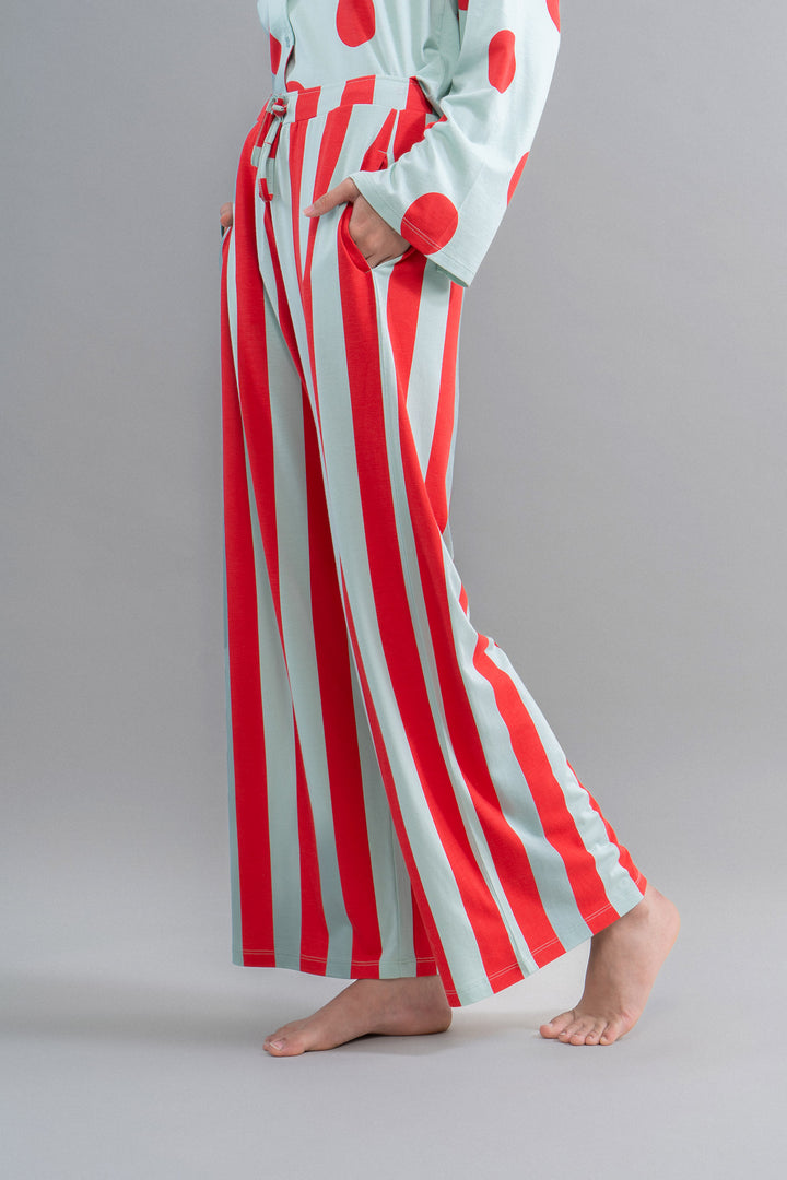 Aqua red stripe Supima flared pajamas with pockets for comfort.