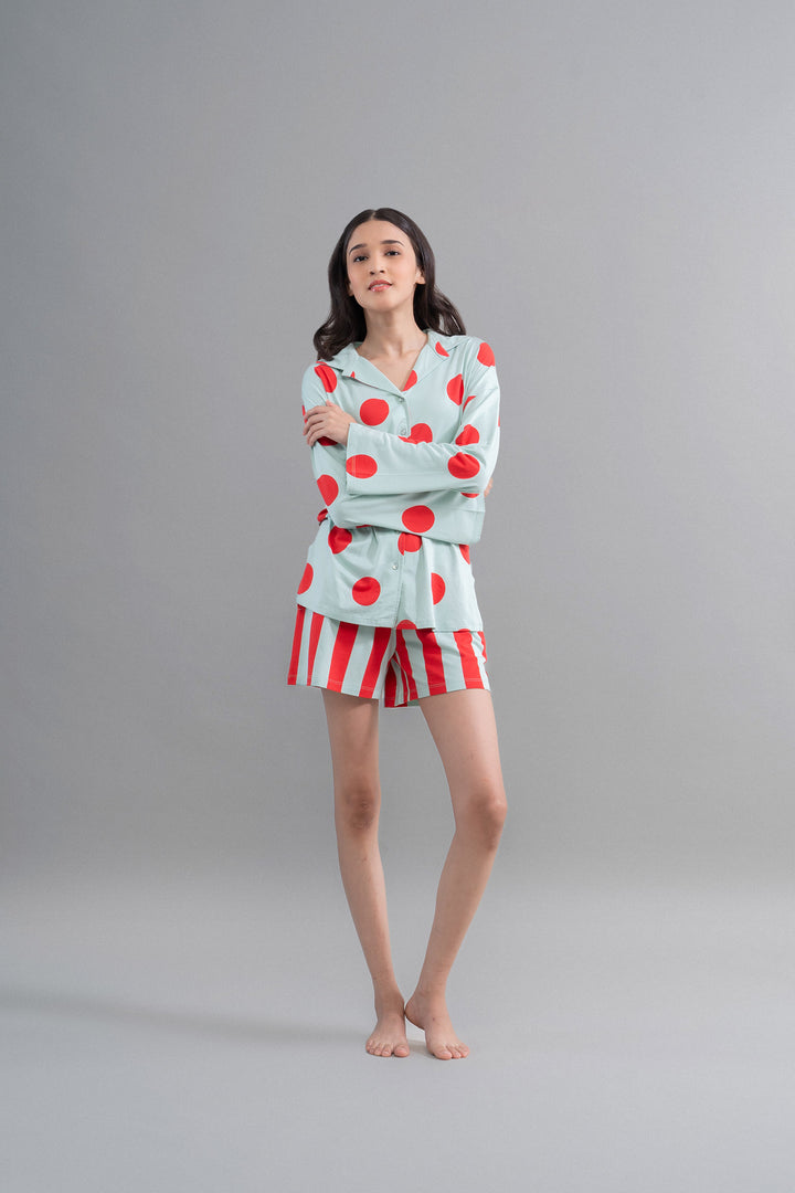 Aqua Red Stripe Supima Shorts modeled by a young woman.