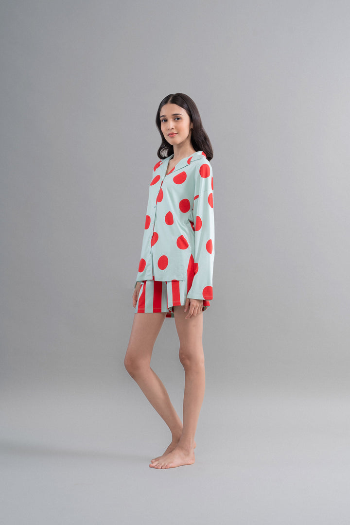 Aqua Red Stripe Supima Shorts model showcasing stylish loungewear outfit.