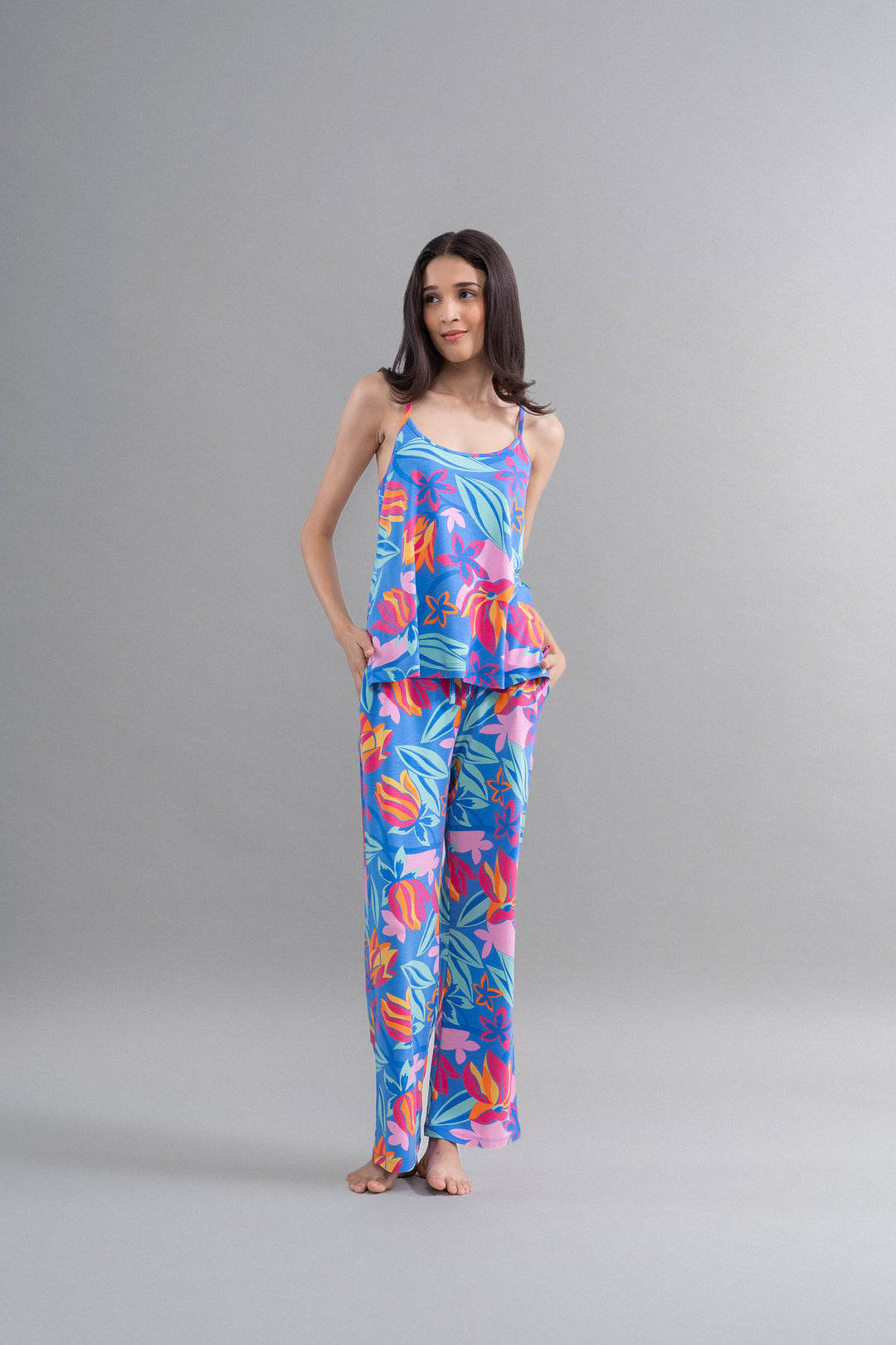 Hawaii Flower Modal Blue Pajama Set With Tank Top