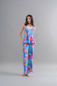 Hawaii Flower Modal Blue Pajama Set with Tank Top model photo.