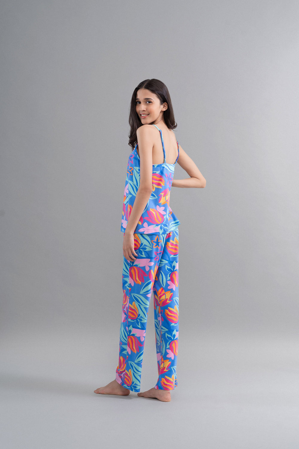 Hawaii Flower Modal Blue Pajama Set With Tank Top