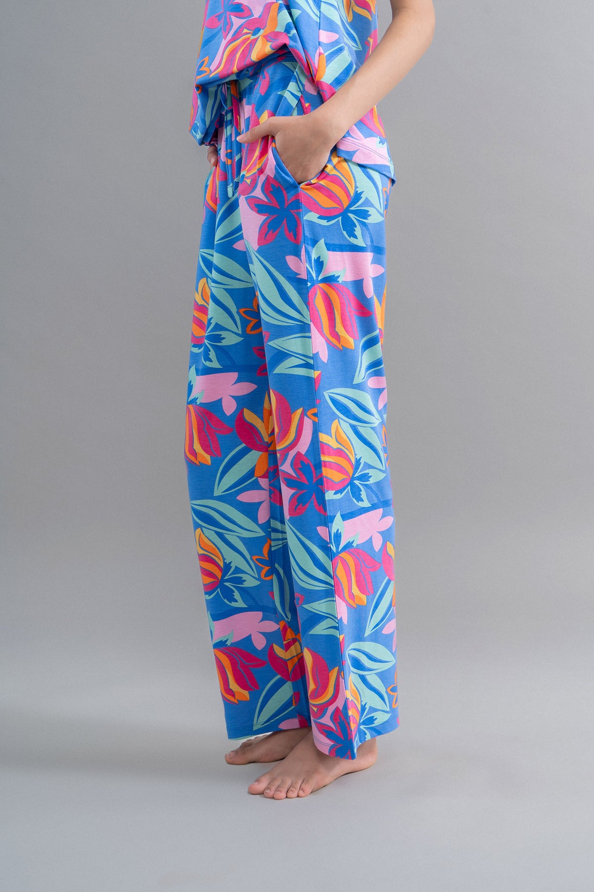 Hawaii Flower Modal Flared Pajamas in vibrant floral pattern.