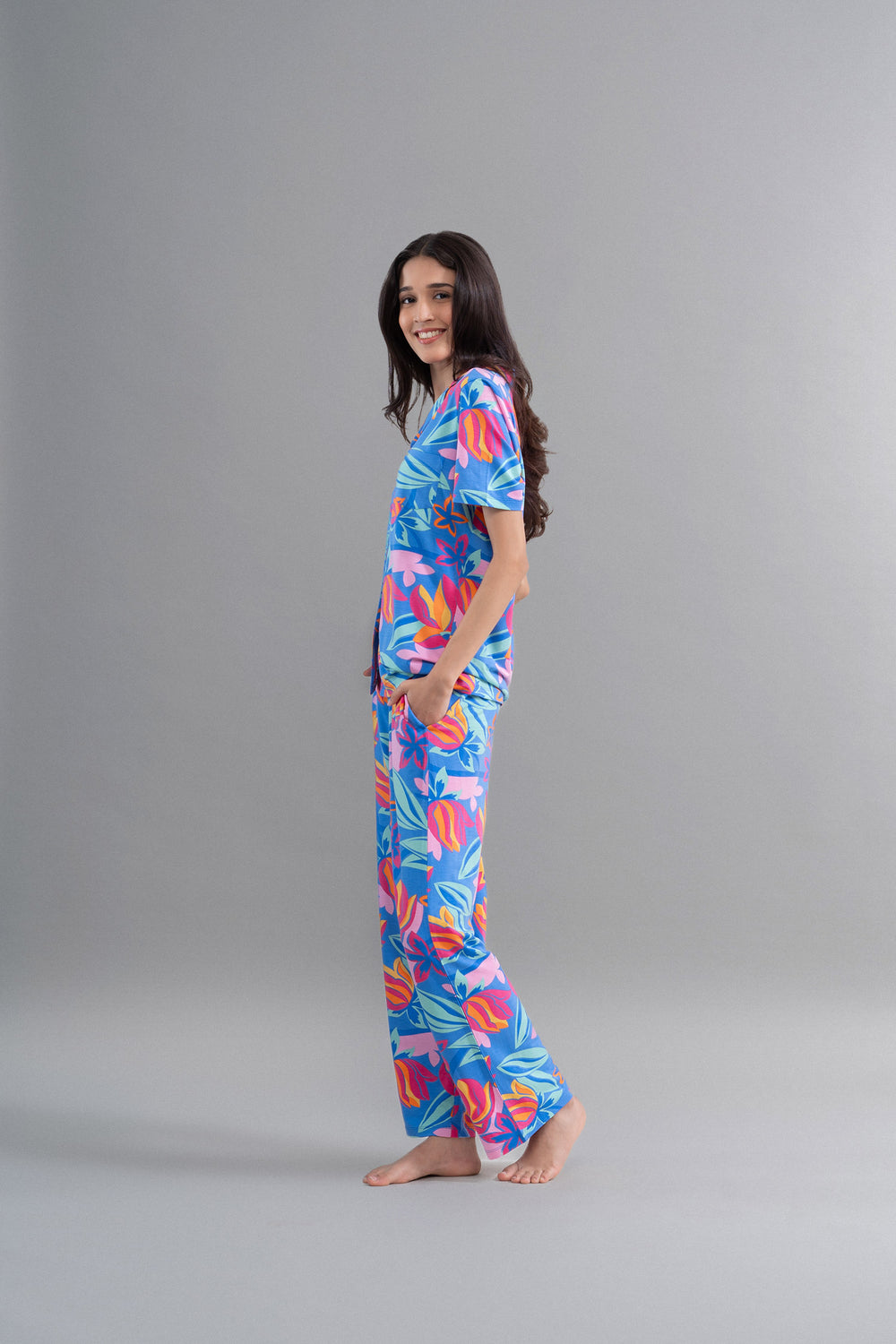 Hawaii Flower Modal Blue Pajama Set