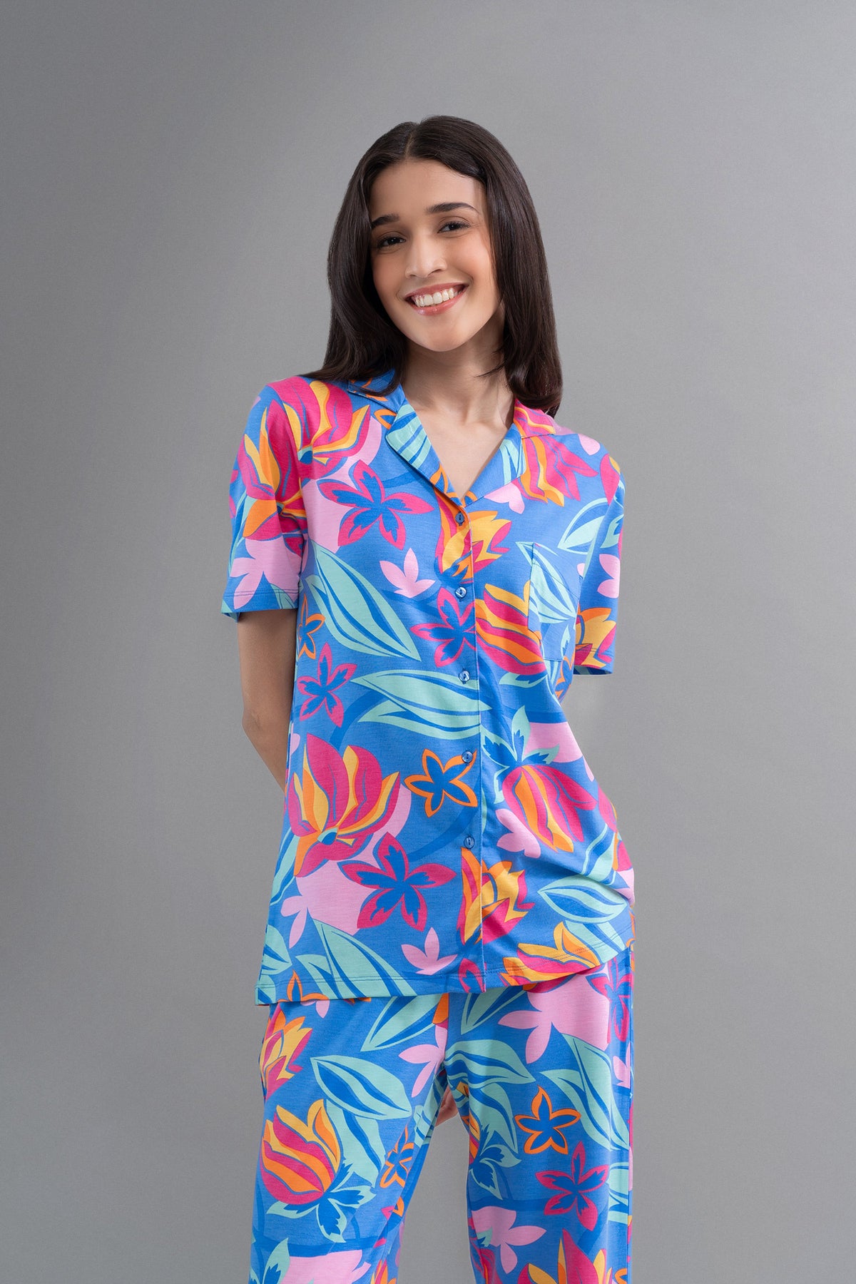 Hawaii Flower Modal Button Down Half Sleeve Shirt in vibrant floral pattern.