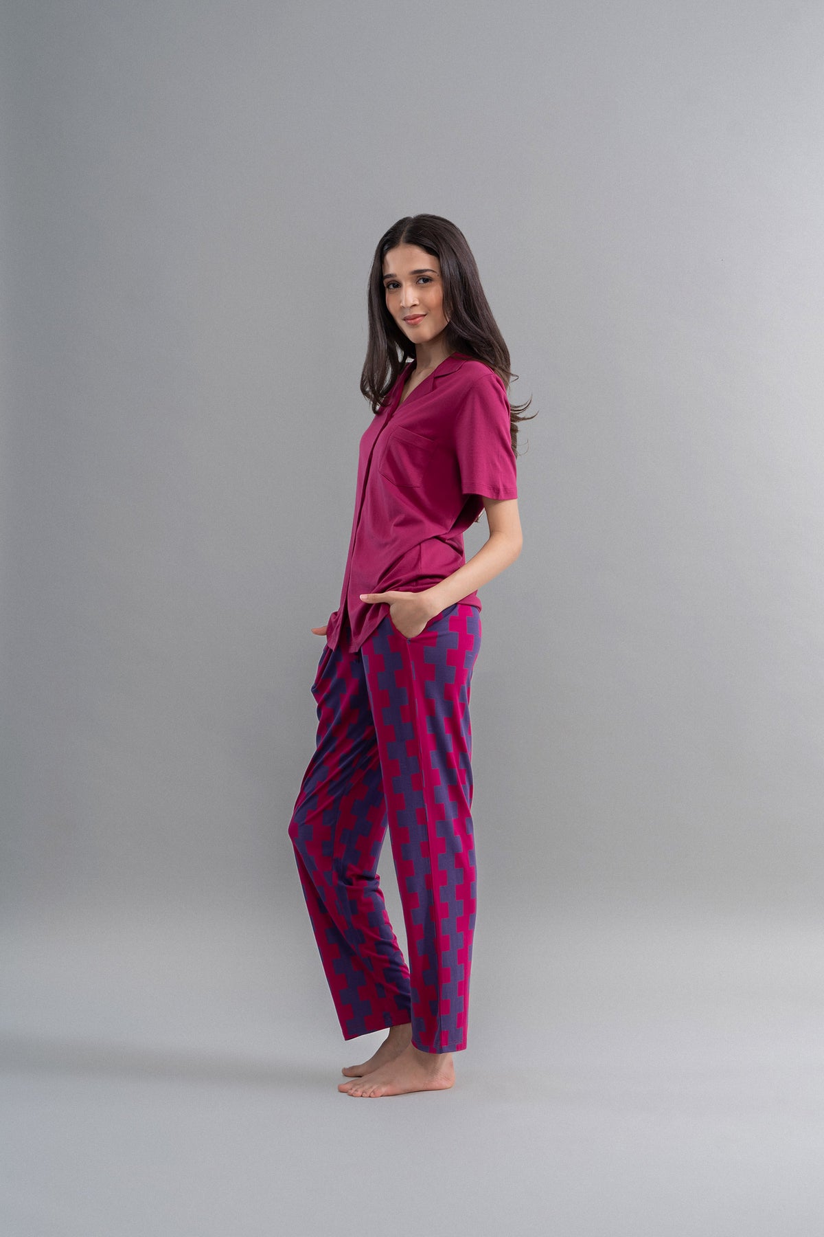 Ruby Supima Straight Pajamas on a model, elegant and comfortable loungewear.
