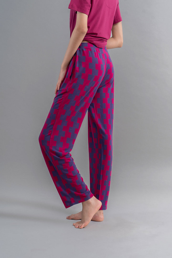 Ruby Supima straight pajamas in vibrant pink and purple design.