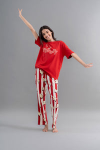 Stylish red pajama set with popcorn print for movie nights.