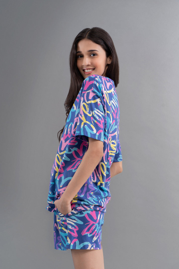 Cozy Heart Cotton Blue Oversized Tee model showcasing fun design.