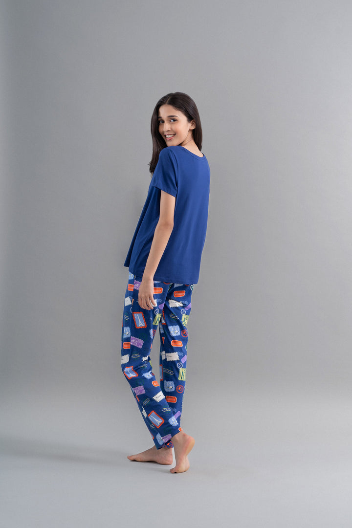Wanderlust Blue Modal Pajama Set featuring playful graphic pants and comfy top.