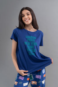 Wanderlust Solid Modal Round Neck Top in navy with city names.