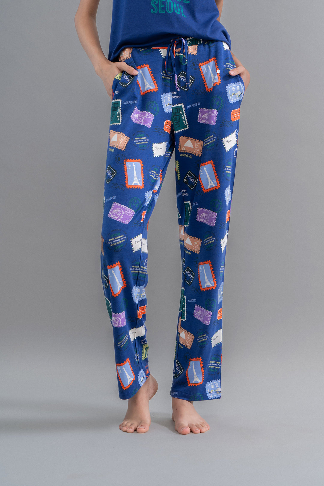 Wanderlust Blue Modal Pajama Set with playful travel-themed print.