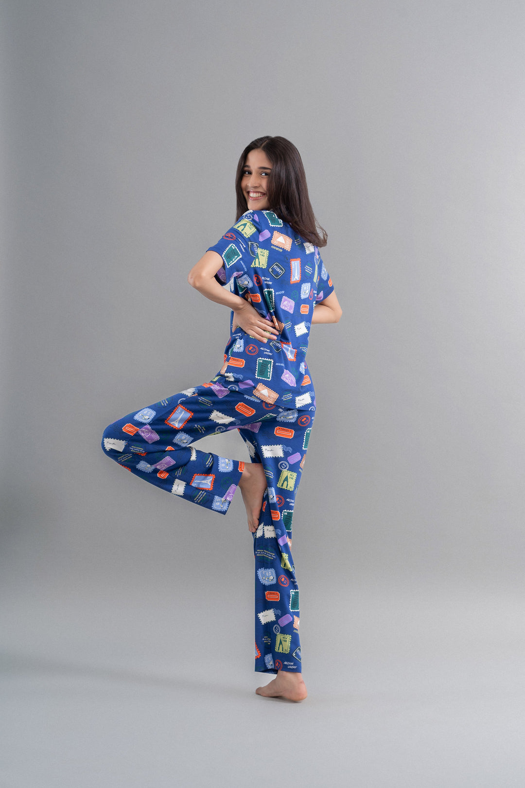 Hawai Button Down Printed Half Sleeve Pajama Set for women.